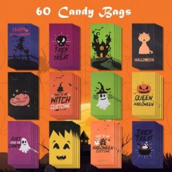 60 Pack Halloween Treat Bags 7.2x3.9x2.4 inches + 72 Pack Stickers 12 Varied Designs Mini Paper Halloween Candy Bags for Hall...