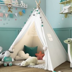 Teepee Tent for Kids with Carry Case Natural Canvas Teepee Play Tent Toys for Girls/Boys Indoor & Outdoor Playing (White Teep...