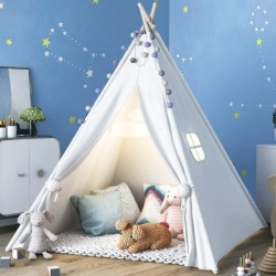 Teepee Tent for Kids with Carry Case Natural Canvas Teepee Play Tent Toys for Girls/Boys Indoor & Outdoor Playing (White Teep...