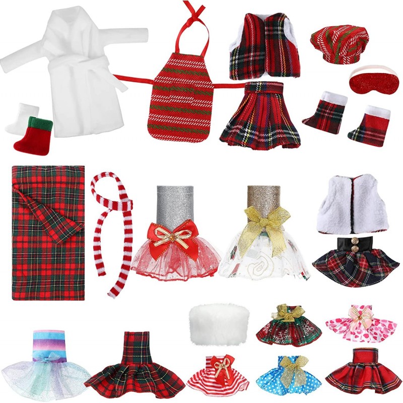 24 Pcs Christmas Elf Accessories Include Skirts White Bathrobe Plaid Sleeping Bag Fluffy Vest Scarf Stockings Eye Mask Glasse...