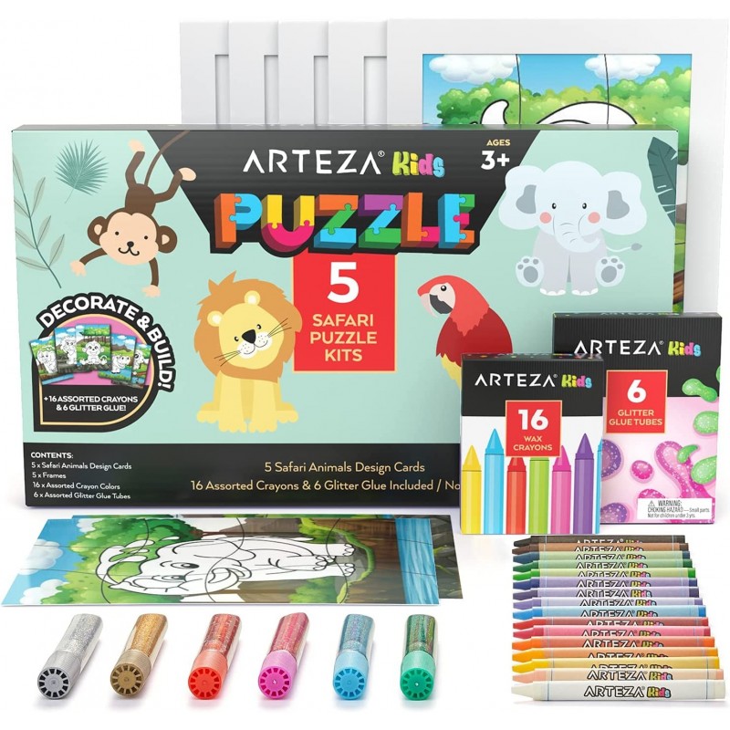 Coloring Kit 5 Safari Jigsaw Puzzles 16 Crayons 6 Tubes of Glitter Glue 5 Frames DIY and Screen-Free Kids’ Activities Craft a...