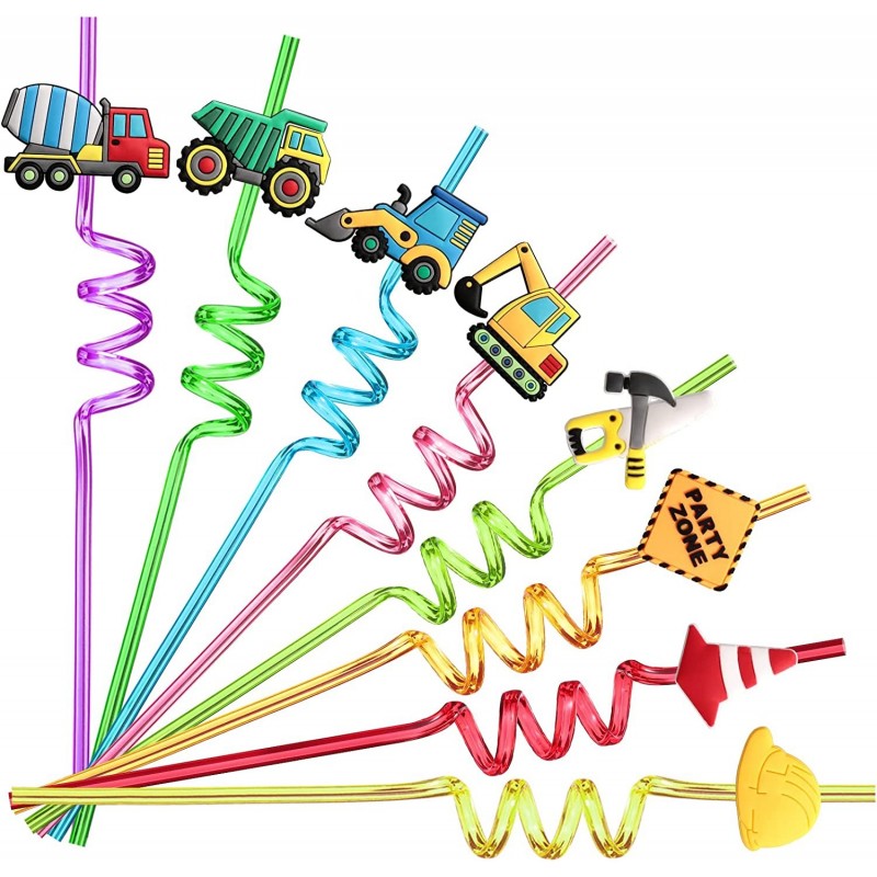 24 Reusable Construction Plastic Straws Excavator Bulldozer Blender Truck for Construction Theme Birthday Party Supplies Gift...