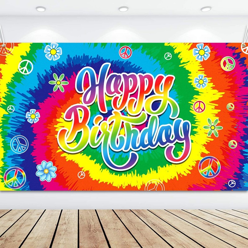 Tie Dye Birthday Banner 60's Theme Happy Birthday Backdrop?Hippie Birthday Party Decorations Groovy Sign Rainbow Birthday Bac...