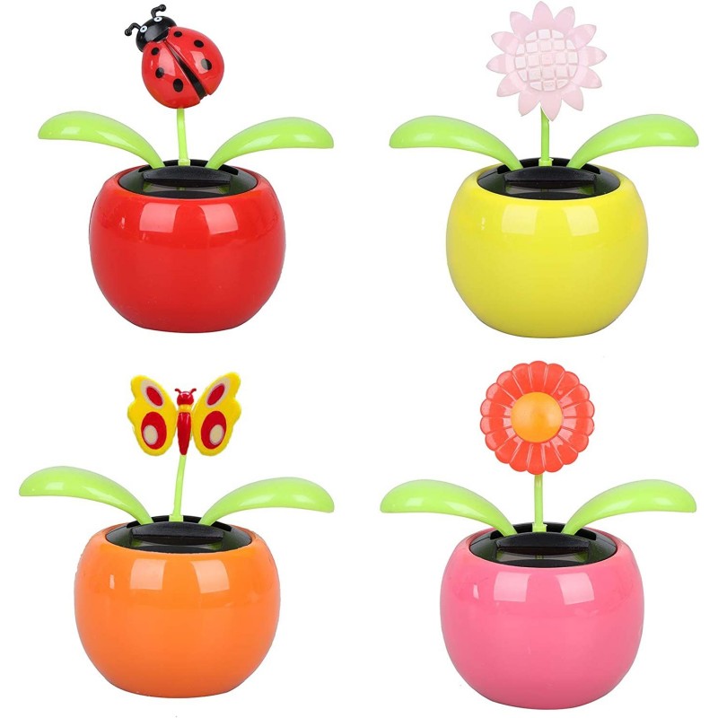 4 Solar Dancing Sunflower Toy Solar Powered Dancing Ladybug in Colorful Pots Swinging Butterfly Flip Flap Animated Bobblehead...