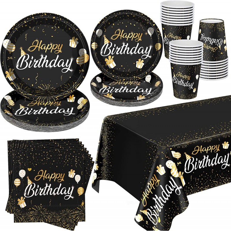 126 Pieces Black and Gold Complete Birthday Tableware Set Party Supplies Includes Paper Cups Plates Napkins Waterproof Tablec...