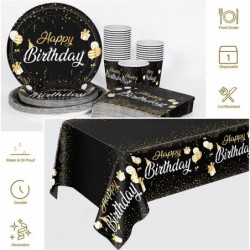 126 Pieces Black and Gold Complete Birthday Tableware Set Party Supplies Includes Paper Cups Plates Napkins Waterproof Tablec...