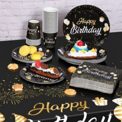 126 Pieces Black and Gold Complete Birthday Tableware Set Party Supplies Includes Paper Cups Plates Napkins Waterproof Tablec...