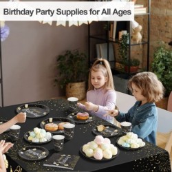 126 Pieces Black and Gold Complete Birthday Tableware Set Party Supplies Includes Paper Cups Plates Napkins Waterproof Tablec...