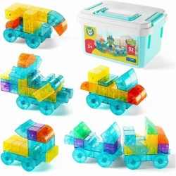 52-Piece Magnetic Cubes Set - 3D Transparent Blocks with Assorted Shapes Wheels and Colors - STEM-Approved Learning Toys Buil...