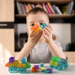 52-Piece Magnetic Cubes Set - 3D Transparent Blocks with Assorted Shapes Wheels and Colors - STEM-Approved Learning Toys Buil...