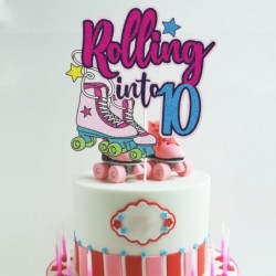 Rolling into 10 Cake Topper Roller Skate Happy 10th Birthday Cake Topper 10 Ten Years Old Colorful Rolling Retro Girl Club Hi...