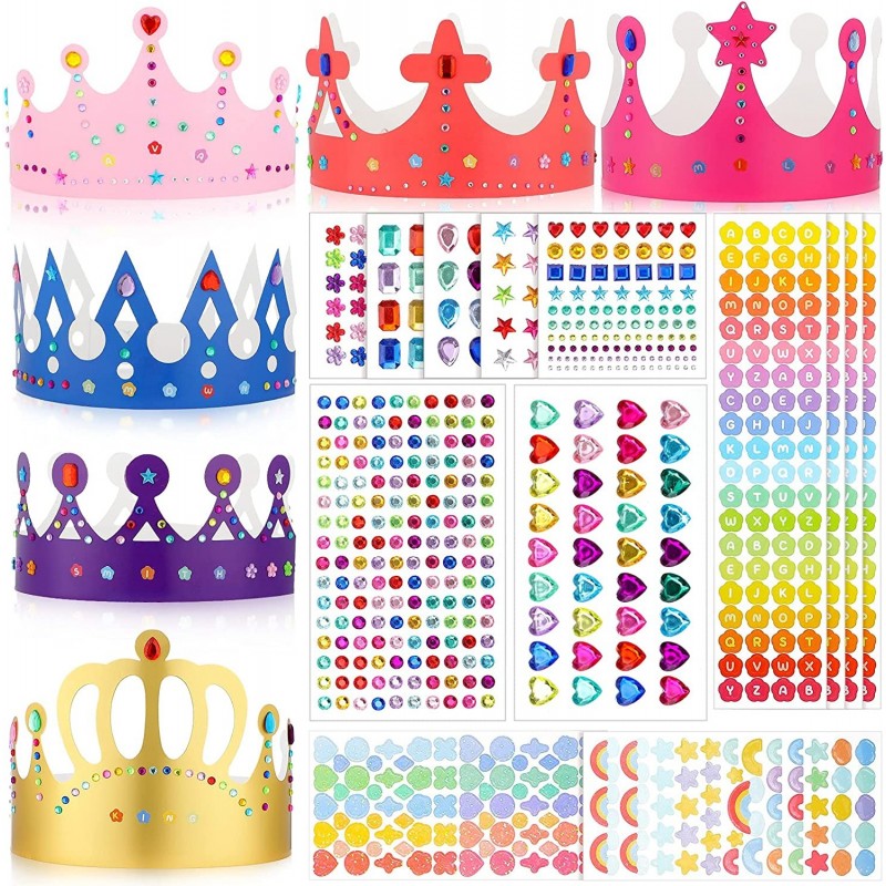 24 Pieces Paper Princess Prince Crowns 8 Pieces Gem Stickers Jewels Stickers and 6 Pieces Adhesive Number Letter Stickers for...