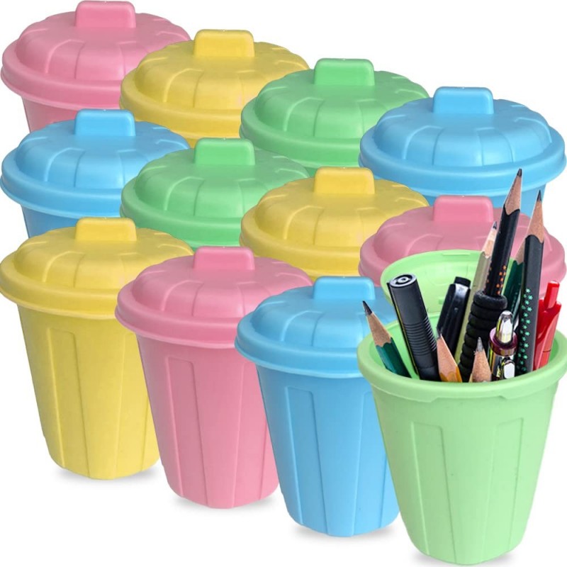 5 Inch Mini Trash Cans Set with Attached Lids Set of 12 Miniature Garbage Bin Toy in Assorted Neon Colors Unique Desk Organiz...