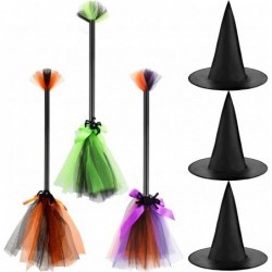 3 Pieces Halloween Witch Broom Hat Set 3 Plastic Broom Props Cosplay Broomstick with 3 Witch Wizard Hats for Halloween Costum...