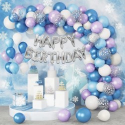 152 Pcs Ice Snow Balloons Garland Arch Kit Purple Blue White Silver Confetti Happy Birthday Snowflake Foil Balloons for Froz ...