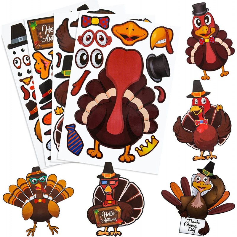 24 Sheets Make-A-Turkey Stickers Thanksgiving Party Favors Thanksgiving Crafts Gifts for Kids DIY Activities Stickers for Fal...