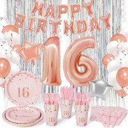 Sweet 16 Birthday Decorations for Girls Sweet 16 Plates and Napkins Party Supplies Serves 16 Fringe Curtains 40" Number 16 Ba...