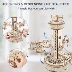 3D Wooden Puzzle for Adults Airplane Tower Music Box - DIY Mechanical Model Building Kit 10" Gifts for Boys/Girls/Parents/Fam...