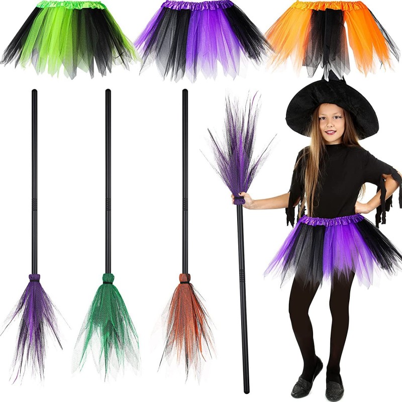 6 Pieces Kids Witch Broom Halloween Witch Broomstick with Cosplay Witch Tutu Skirt Broom Props Witch Broom Party Decoration f...