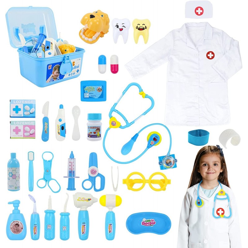 Doctor Kit for Kids Toddlers Boys Girls Toys 32Pcs Pretend Play Dentist Medical Kit with Stethoscope Hat Dress Up Costume Clo...