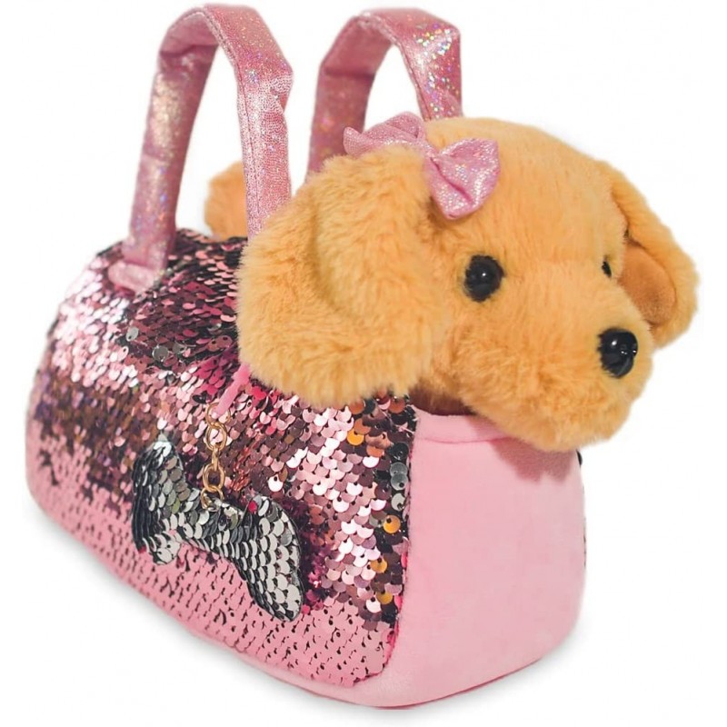 Plush Dog Pet Carrier Set Purse w/ Reversible Sequins & Charm - Golden Retriever Stuffed Animal - Dog Stuffed Animals - Stuff...