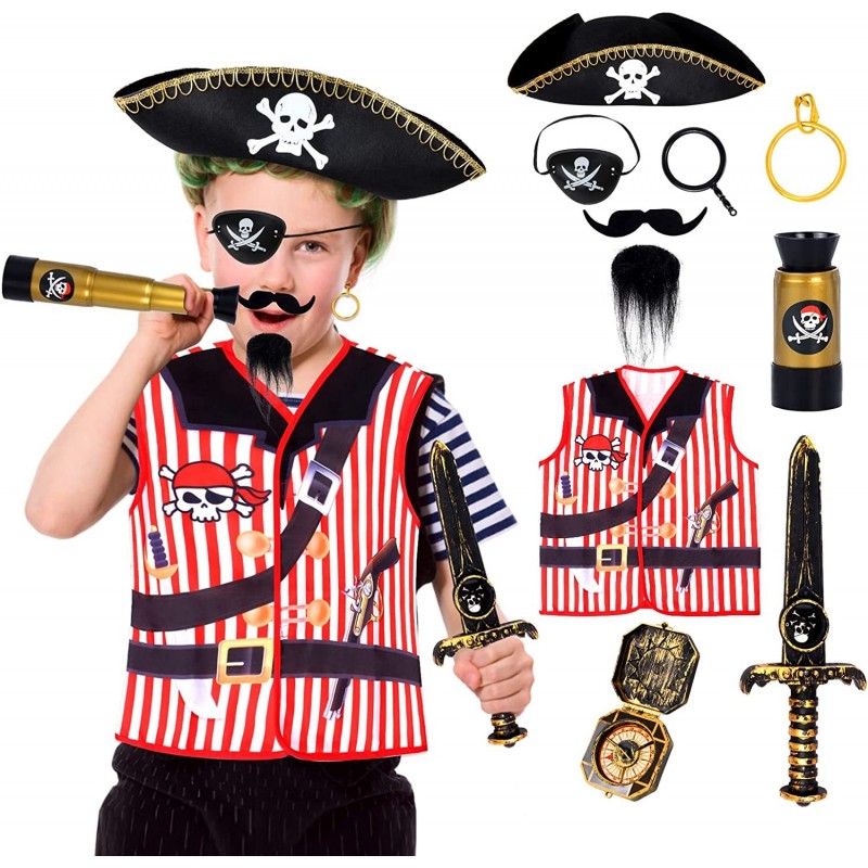 Kids Pirate Accessories With Captain Hat Vest Pirate Prop 8 Pcs for Halloween Pirate Pretend Play Dress Up Costume $42.34 Kid...