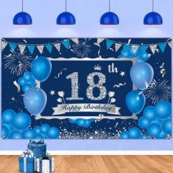 Blue 18th Birthday Decorations Banner for Boys Girls Navy Blue Silver Happy 18th Birthday Banner Backdrop Blue 18th Birthday ...