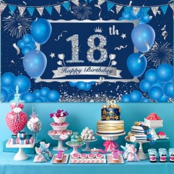 Blue 18th Birthday Decorations Banner for Boys Girls Navy Blue Silver Happy 18th Birthday Banner Backdrop Blue 18th Birthday ...