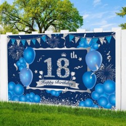 Blue 18th Birthday Decorations Banner for Boys Girls Navy Blue Silver Happy 18th Birthday Banner Backdrop Blue 18th Birthday ...