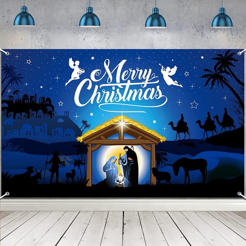 Christmas Nativity Backdrop Decoration Merry Christmas Outdoor Religious Nativity Scene Banner Holy Night Photo Booth Backgro...