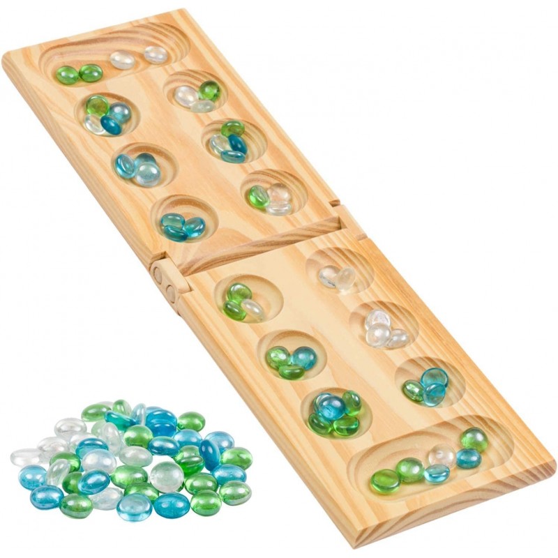 Wooden Mancala Board Game Set - Portable Foldable Wooden Board 48 Glass Mancala Stones and Mancala Instructions - for Large G...