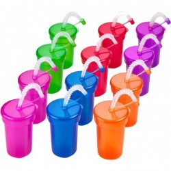 Neon Sipper Cups - 5.5 Inch 12 pack - 12 Oz. - Colorful Neon Cups with Lids and Straws - School Events Themed Parties and Bir...