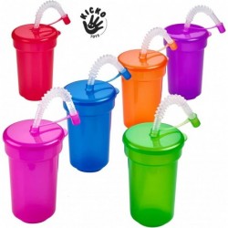 Neon Sipper Cups - 5.5 Inch 12 pack - 12 Oz. - Colorful Neon Cups with Lids and Straws - School Events Themed Parties and Bir...