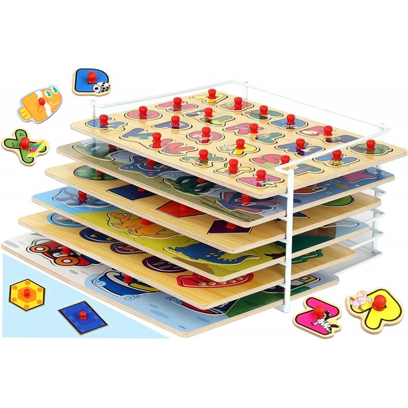 Wooden Puzzles for Toddlers - Set of 6 Puzzle Boards with Large Pegged Knobs and Wire Rack. Includes Numbers Shapes and Anima...