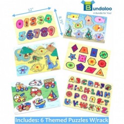 Wooden Puzzles for Toddlers - Set of 6 Puzzle Boards with Large Pegged Knobs and Wire Rack. Includes Numbers Shapes and Anima...