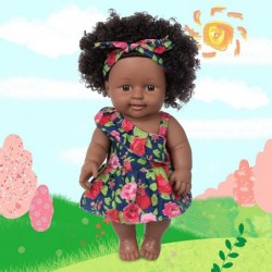 Black Doll and Black Baby Dolls Clothes Set 11.8 Inch African Silicone Girl Dolls with Rose Dress and Headband Best Gift for ...