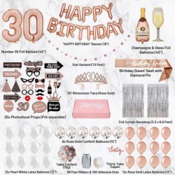 30th Birthday Decorations for Women With 30th Birthday Sash and Rhinestone Tiara | 30th Birthday Balloons 2 Pcs Foil Backdrop...