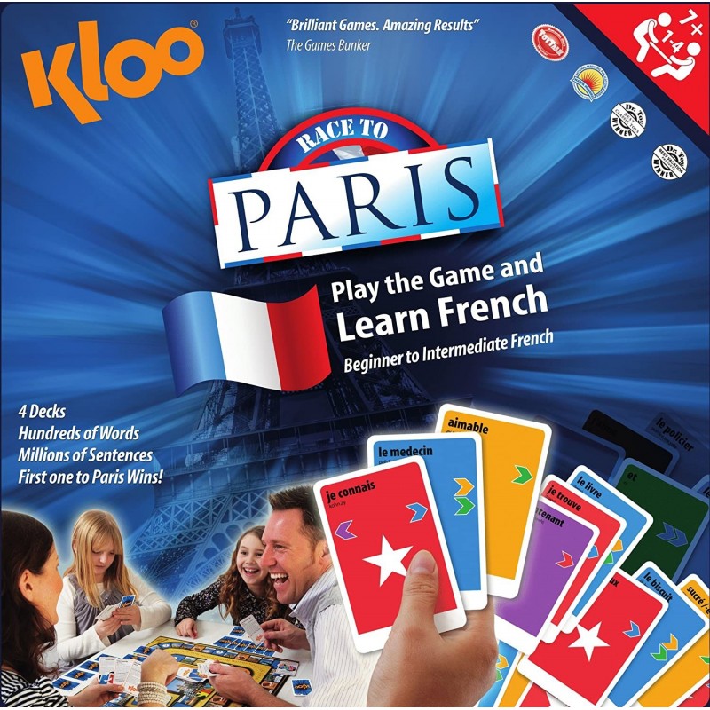 Learn French with KLOO's Race to Paris Board Game - 4 Decks - Award Winning Fun - Beginner to Intermediate $66.33 Board Games