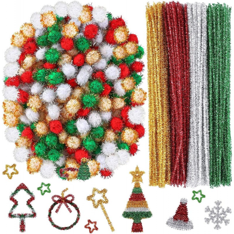 400 Pieces Glitter Chenille Stems Assorted Colors Christmas Pom Poms with Glitter Foil Crafts Xmas Pipe Cleaners Fluffy Balls...