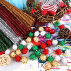 400 Pieces Glitter Chenille Stems Assorted Colors Christmas Pom Poms with Glitter Foil Crafts Xmas Pipe Cleaners Fluffy Balls...