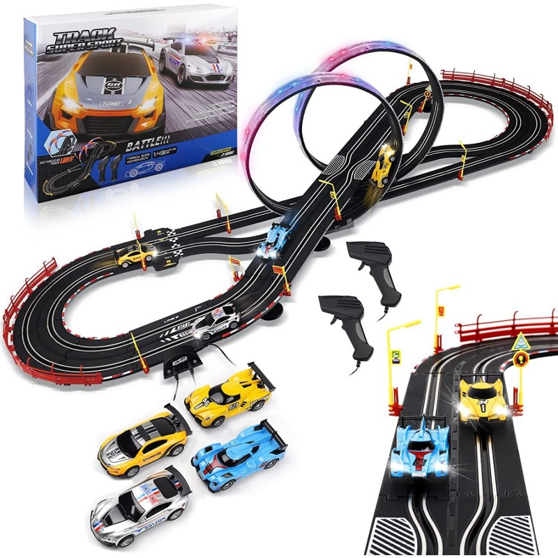 2022 Upgraded Electric High-Speed Slot Car Race Car Track Sets with LED Lights Including 4 1:43 Scale Slot Cars with Headligh...