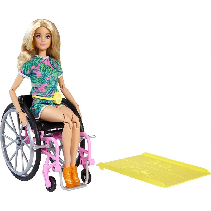 Fashionistas Doll 165 with Wheelchair & Long Blonde Hair Wearing Tropical Romper Orange Shoes & Lemon Fanny Pack Toy for Kids...