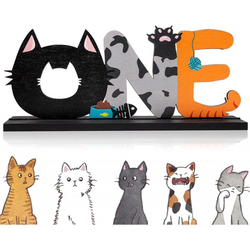 Cat ONE Letter Sign Wooden Centerpiece Meow One Ornament Cat Themed Birthday Party Decoration Table Desk Decor Photo Props fo...