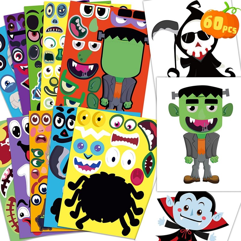 60Sheets Halloween Stickers Crafts for Kids-Make-A Pumpkin/Monster/Ghost/Reaper/Spider/Witch/Zombie/Skeleton/Mummy/Vampire Fa...