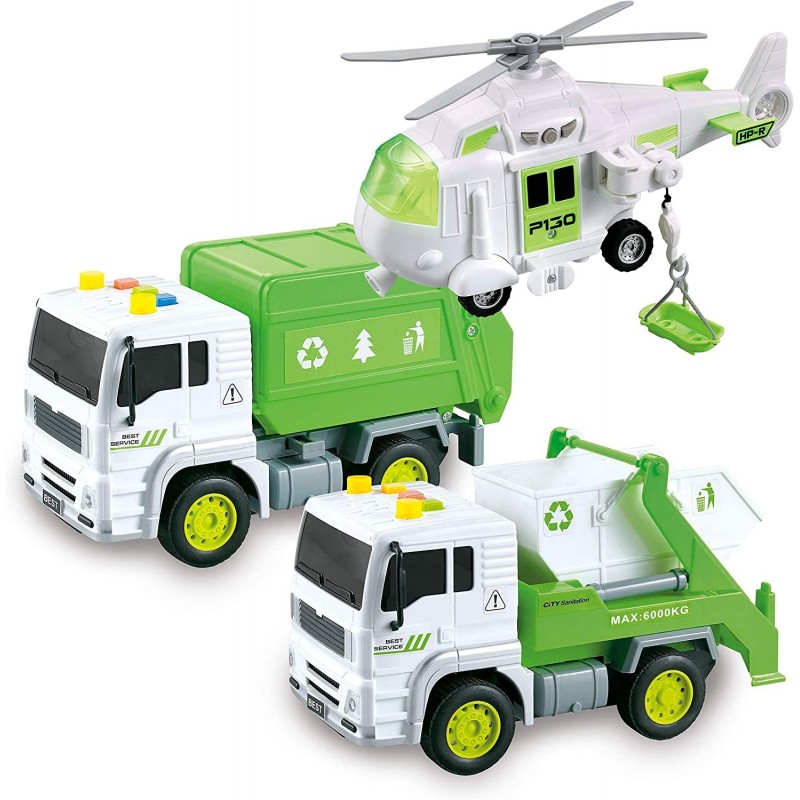 JOYIN 3 in 1 Friction Powered City Waste Management Vehicle Car Truck Toy Set Including Helicopter Garbage Truck and Waste Co...