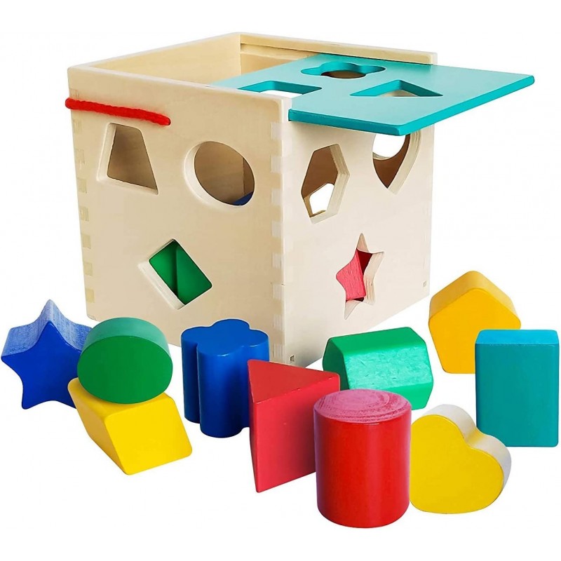 Premium Wooden Shape Sorter Toy with Sliding Lid & Carrying Strap 12 Color Solid Wood Geometric Shape Puzzle Pieces - Classic...