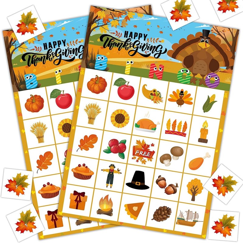 Thanksgiving Bingo Game for Kids Turkey Bingo Fall Bingo Game Cards for 24 Players Thanksgiving Party School Classroom Family...