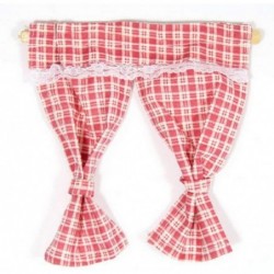 Dollhouse Red Cream Gingham Curtains Tied Back on Rail 1:12 Window Accessory $17.34 Dollhouse Accessories