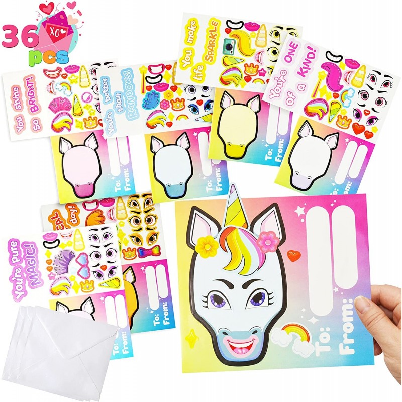 28 Pcs Valentine Unicorn Make A Face Stickers Cards for Kids Valentine's Day Craft Greeting Cards for Party Favor Classroom E...