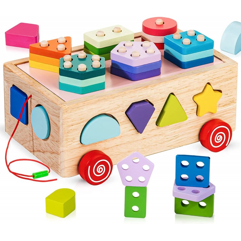 Shape Sorter Learning Toys for Toddlers 18M+ Wooden Stacking Blocks Montessori Toys for 2 3 Year Old Colorful Activity Cube L...